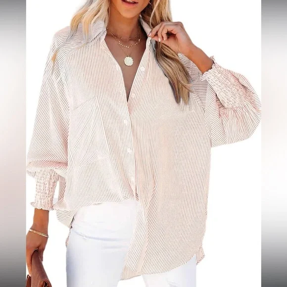 Smocked Cuffed Striped Shirt - Picture 3 of 5